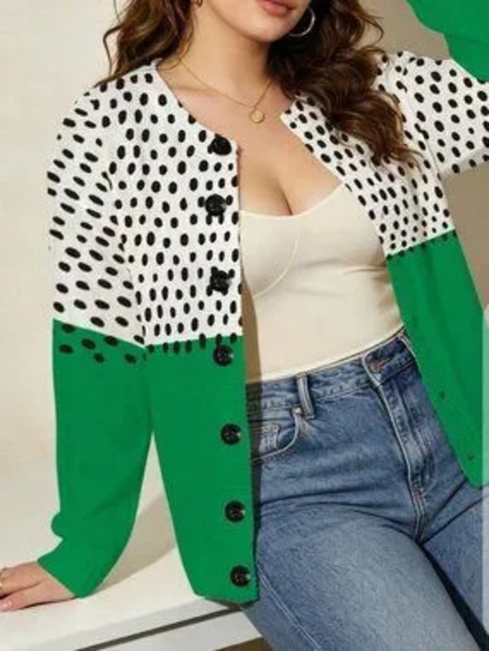 ZARA Multicolor Casual Women's Plus Size Polka Dot Color Block Knit Cardigan